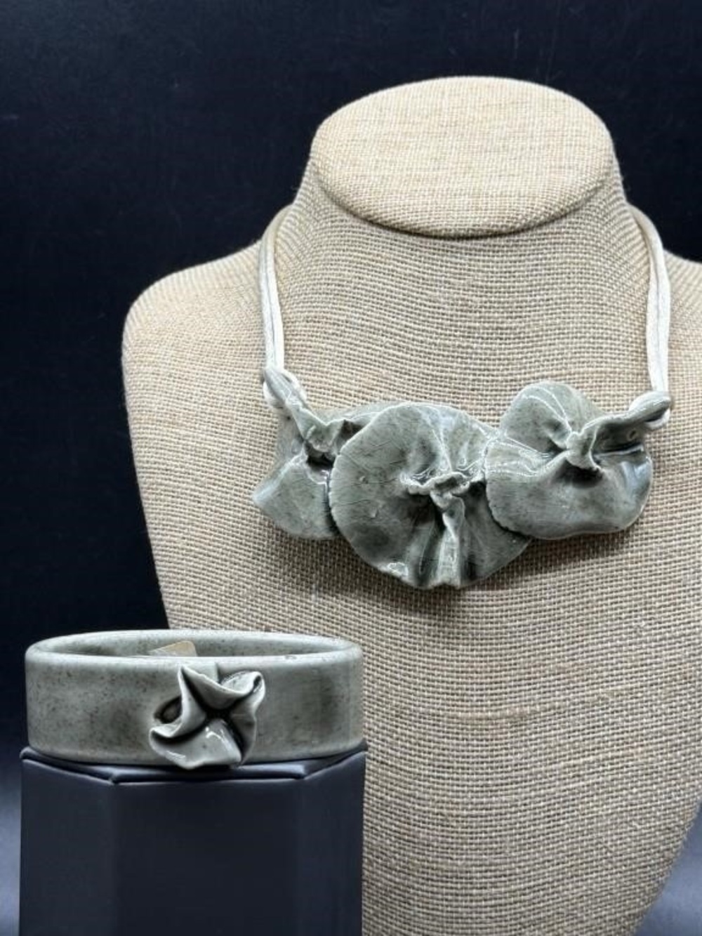 Vintage Neiman Marcus Handcrafted Glazed Ceramic Lily Pad Necklace & Bracelet